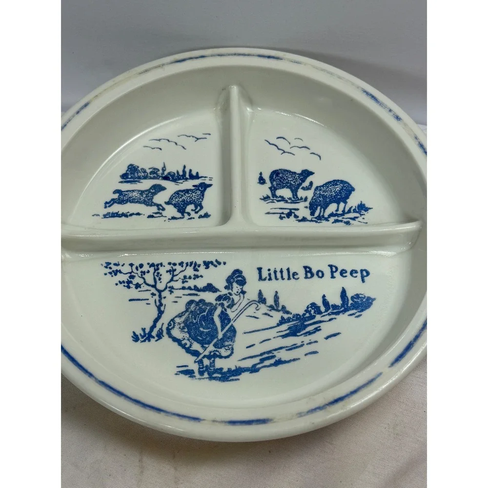 Vintage Little Bo Peep Ceramic Divided Grill Plate Blue White Nursery Rhyme 8in